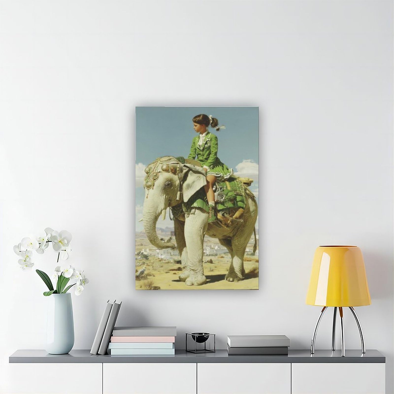 Poster su tela con elefante che cavalca una ragazza