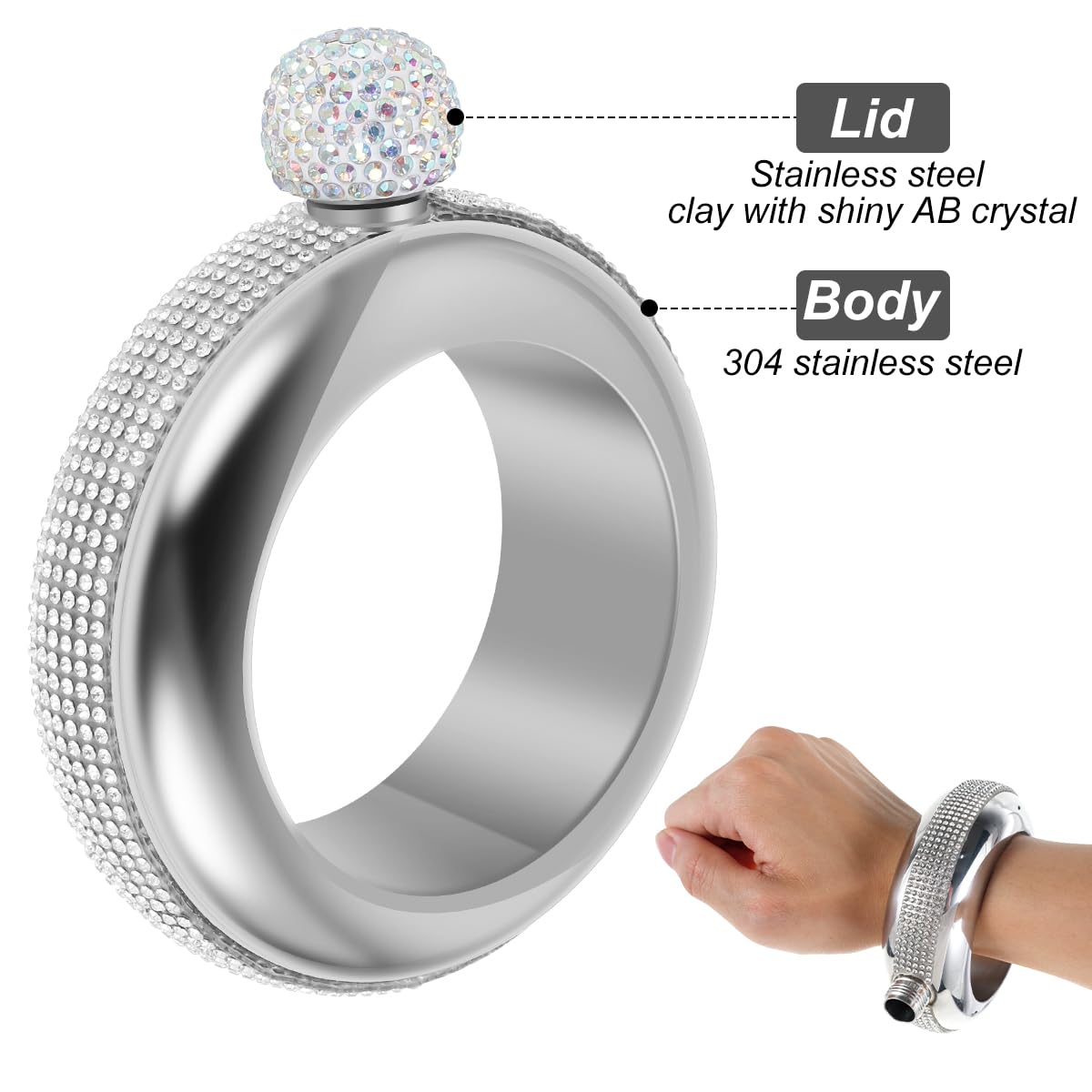 Fiaschetta Da Polso In Acciaio Inox Con Coperchio A Cristallo - Bracciale Portabevande Per Festa E Sport - Foto 12