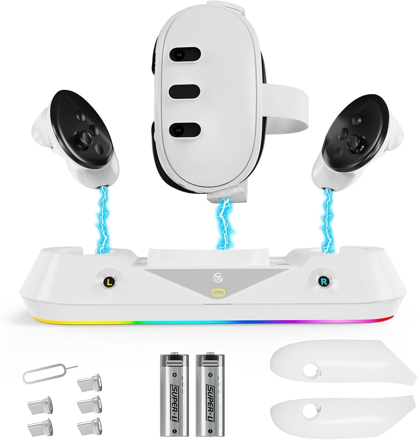 Quest 3 Charging Dock,VR Headset and Touch Controllers Magnetic Charging Station for Oculus/Meta Quest 3 High Speed Charging Stand with RGB Light 2 Batteries