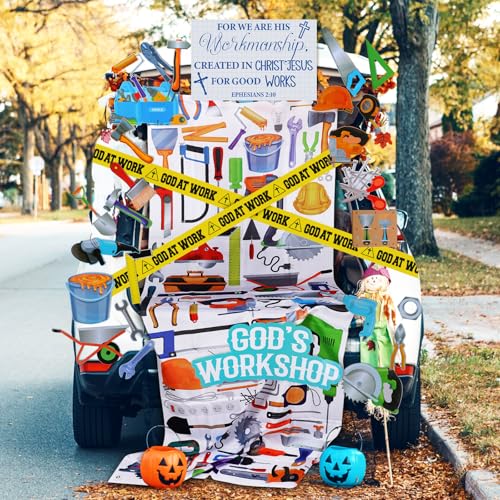 Geelin 45 Pcs Halloween Religious God Work Trunk or Treat Car Decoration Kit Christian Car God at Work Multiple Tool Banner for Archway Garage Door Decor