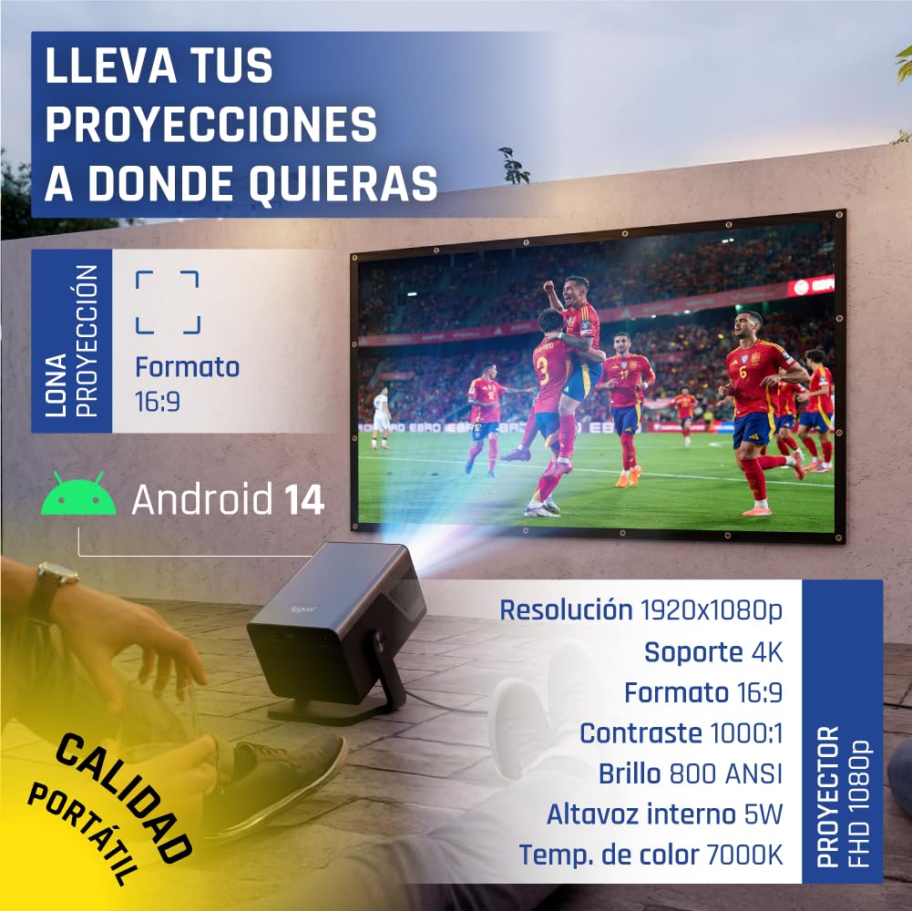 iggual - Pack Proyector Portátil Full HD 1080 p, (Android 14, WiFi, Bluetooth, HDMI) + Pantalla Proyección 100" Pulgadas, (Tela Plegable, Antiarrugas), Usos: Cine en Casa, Streaming, Gaming,