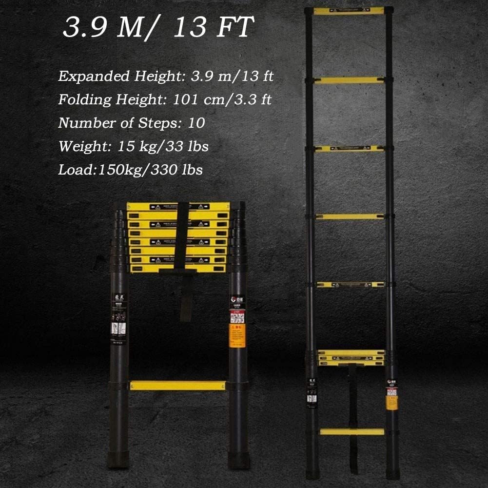 OKUOKA Portable Climb Telescoping Ladder, Multi-Purpose Aluminum Extension Ladders for Home Office Garden Roof Dock Use, Black, Load 150 Kg (Size : 3.9m/13 ft)