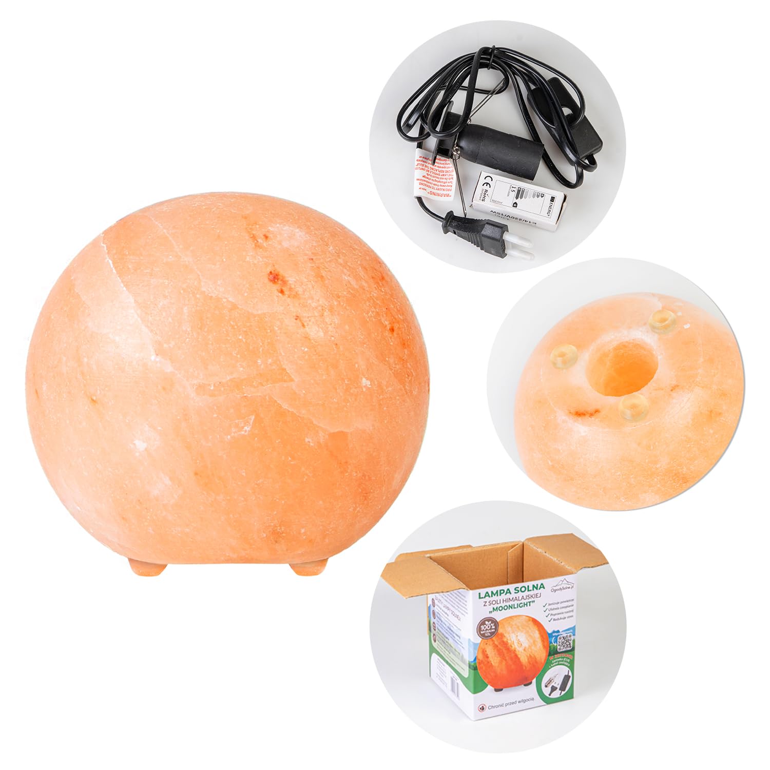 Lámpara de Sal del Himalaya “Moonlight” – Esfera de 14,5 cm, 3,9 kg – Luz Cálida y Relajante – Hecha a Mano con Base de Madera – Incluye Bombilla E14 y Cable con Interruptor – Ideal pa