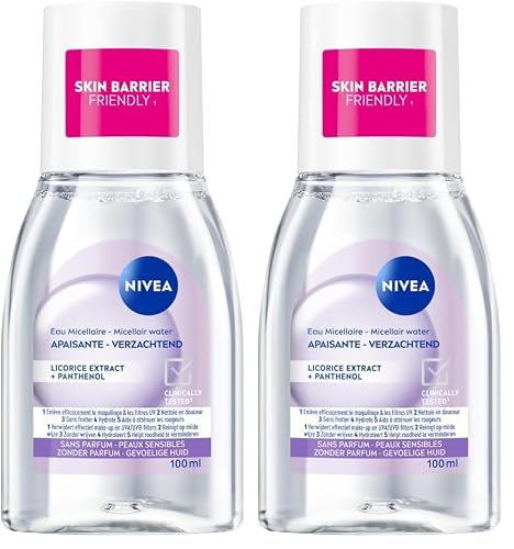NIVEA Eau Micellaire APAISANTE Peaux Sensibles Mini Format (2 x 100 ml), démaquillant enrichi aux micelles et acides animés sans parfum, nettoyant visage yeux & lèvres