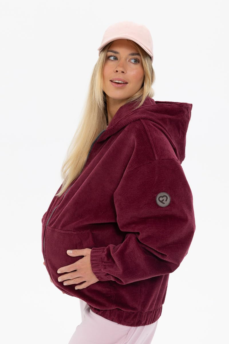 fun2bemum Cordjacke 3 in 1 Tragejacke Baby Umstandsjacke Oversize Herbstjacke für Mama mit Babytrage aus Baumwolle mit Einsatz (Standard, Cherry)