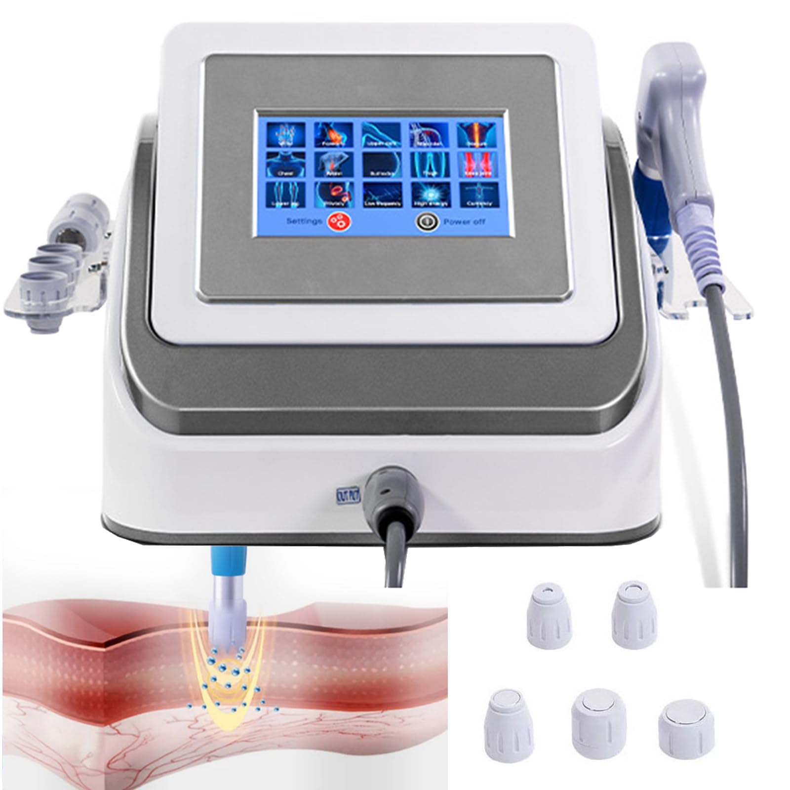 Macchina Per Terapia Extracorporea Ad Onde D'Urto ED Massaggiatore Per Tessuti Profondi Muscolari Con 5 Testine Massaggianti, Per Dolori Articolari E Sollievo Dal Dolore Muscolare,Grey