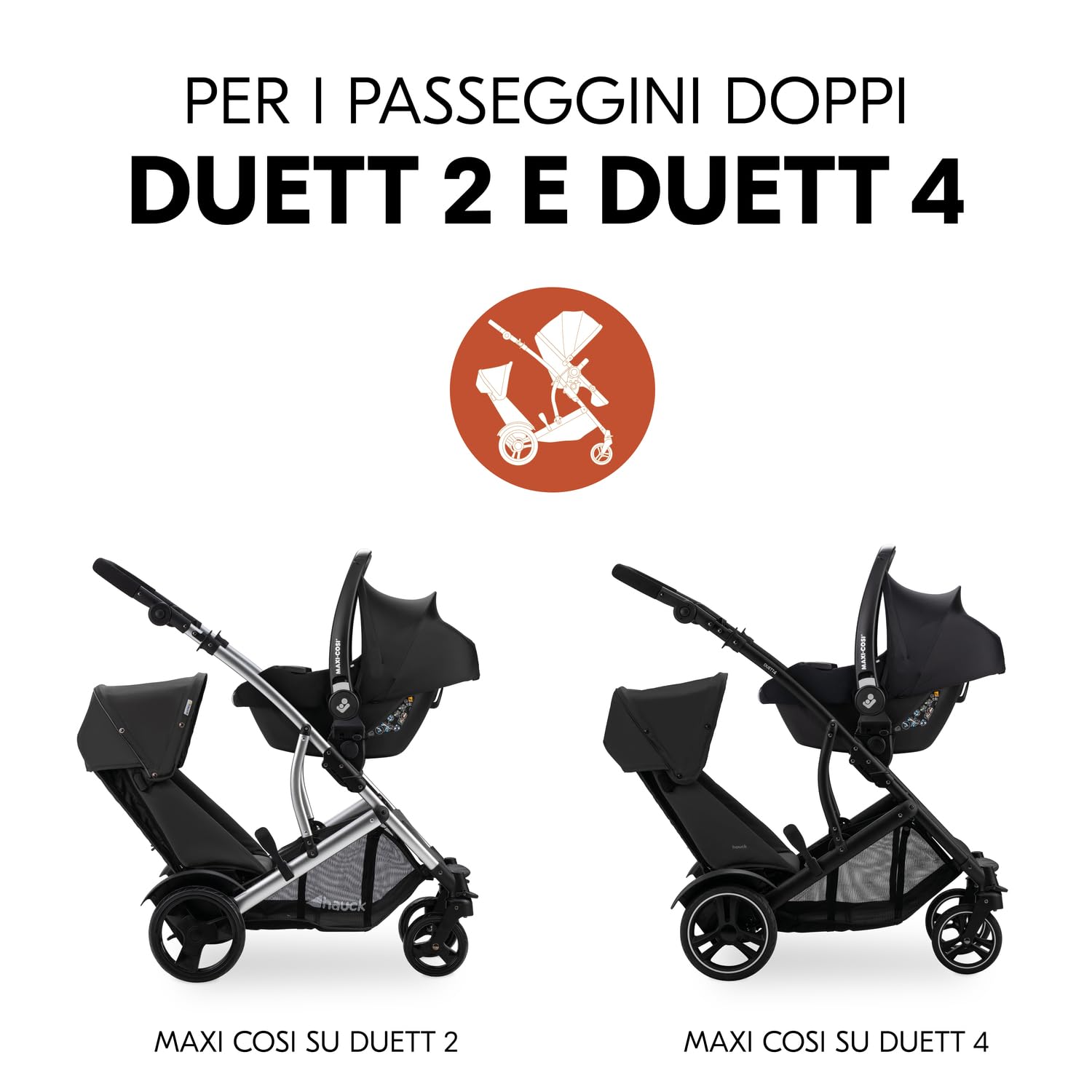 hauck Adattatori Seggiolini Auto Compatibili con Passeggino Gemellare Duett 2 e Duett 4 e Ovetti Selezionati di Maxi Cosi Cybex Joie Kinderkraft (Non Compatibili con Tutti i Modelli) - 1 Coppia, Nero