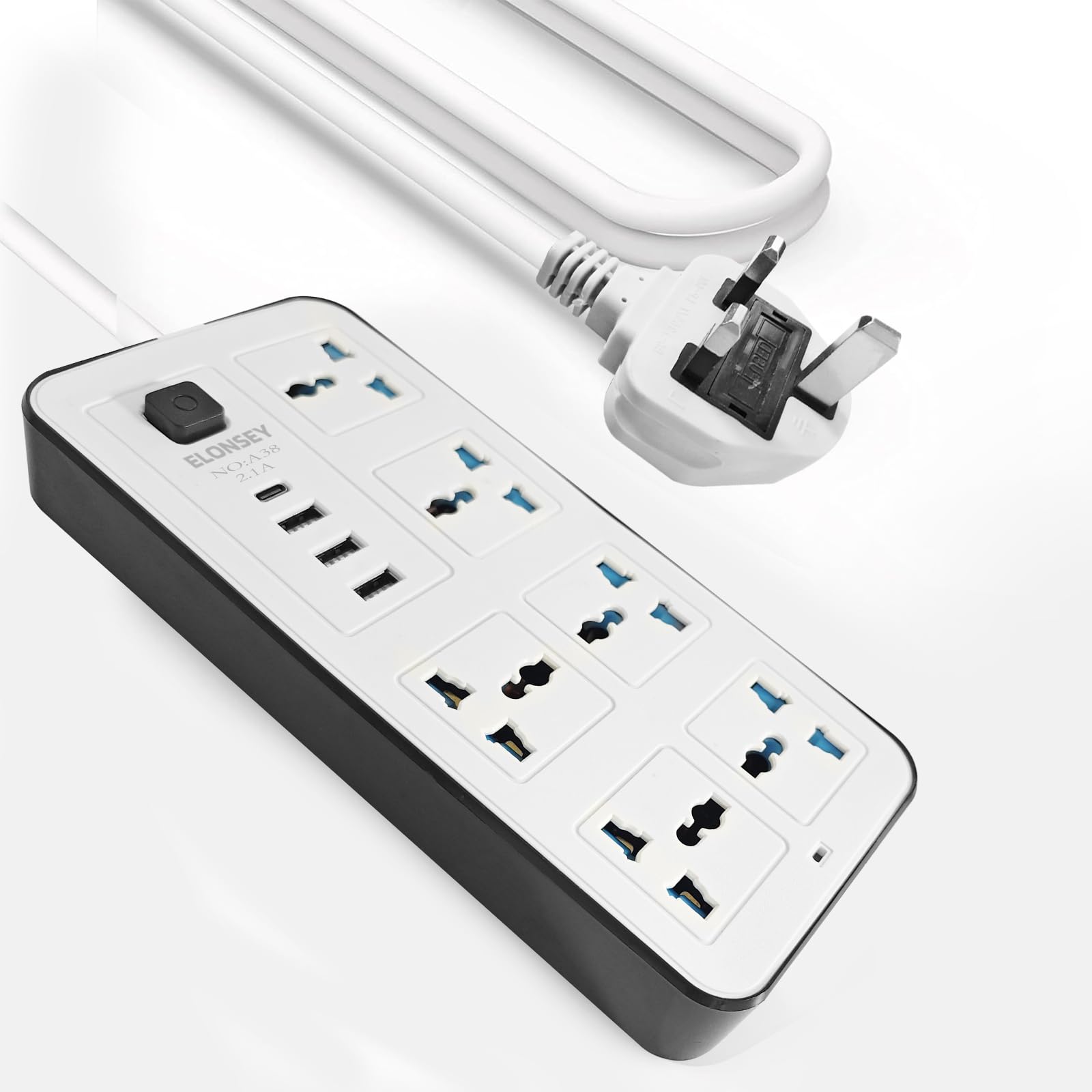 ELONSEY USB C Universal Power Extension Cord 3 meter, Power Strip with 6 Power Sockets and 3 USB Slots, Extension Lead with 1 USB C Port - White 3M