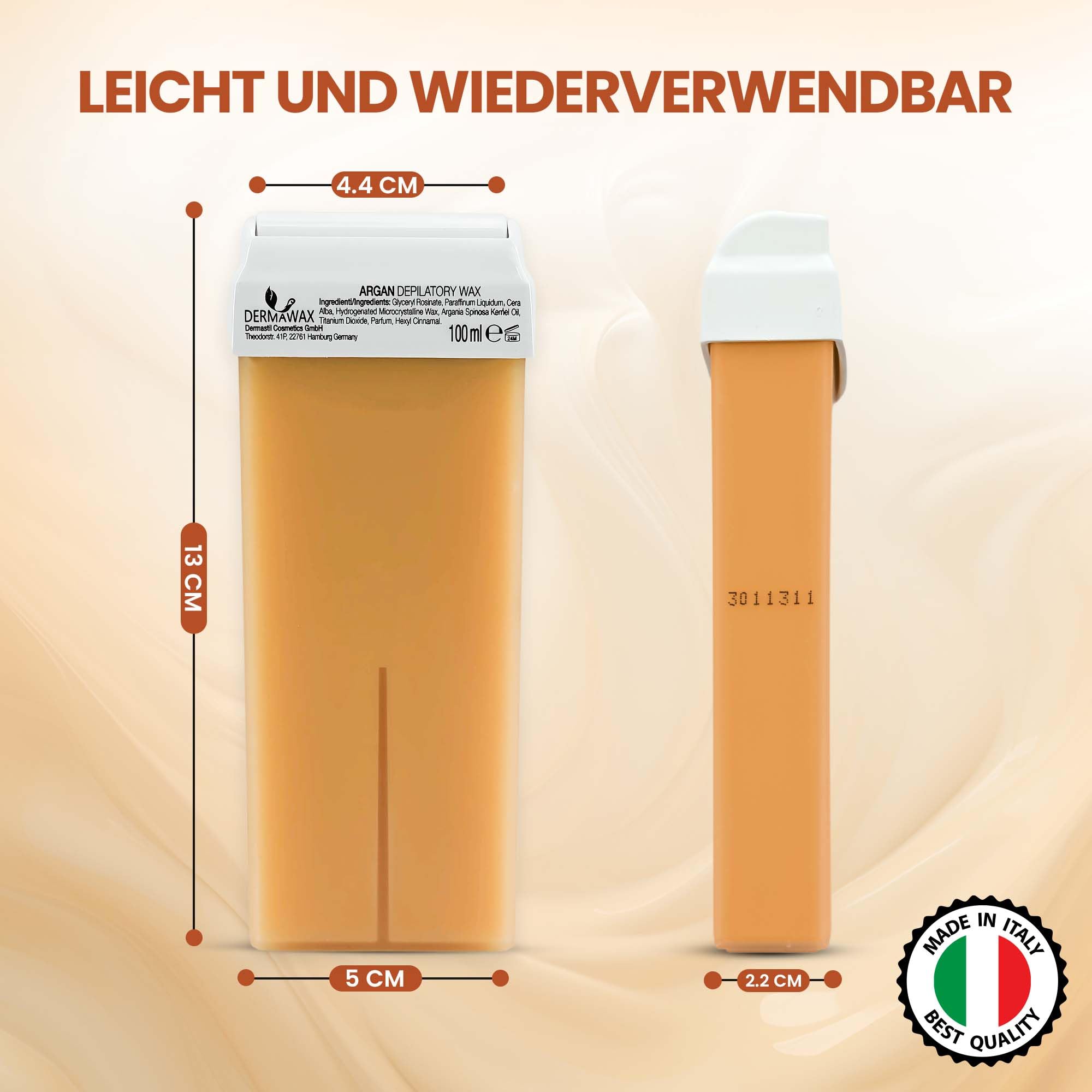 DERMAWAX 6 x 100 ml arganowy wkład do wałka woskowego, zestaw uzupełniający do woskowania z paskami woskowymi, idealny dla skóry wrażliwej, nóg, ramion, pod pachami, klatki piersiowej i pleców, 600 ml