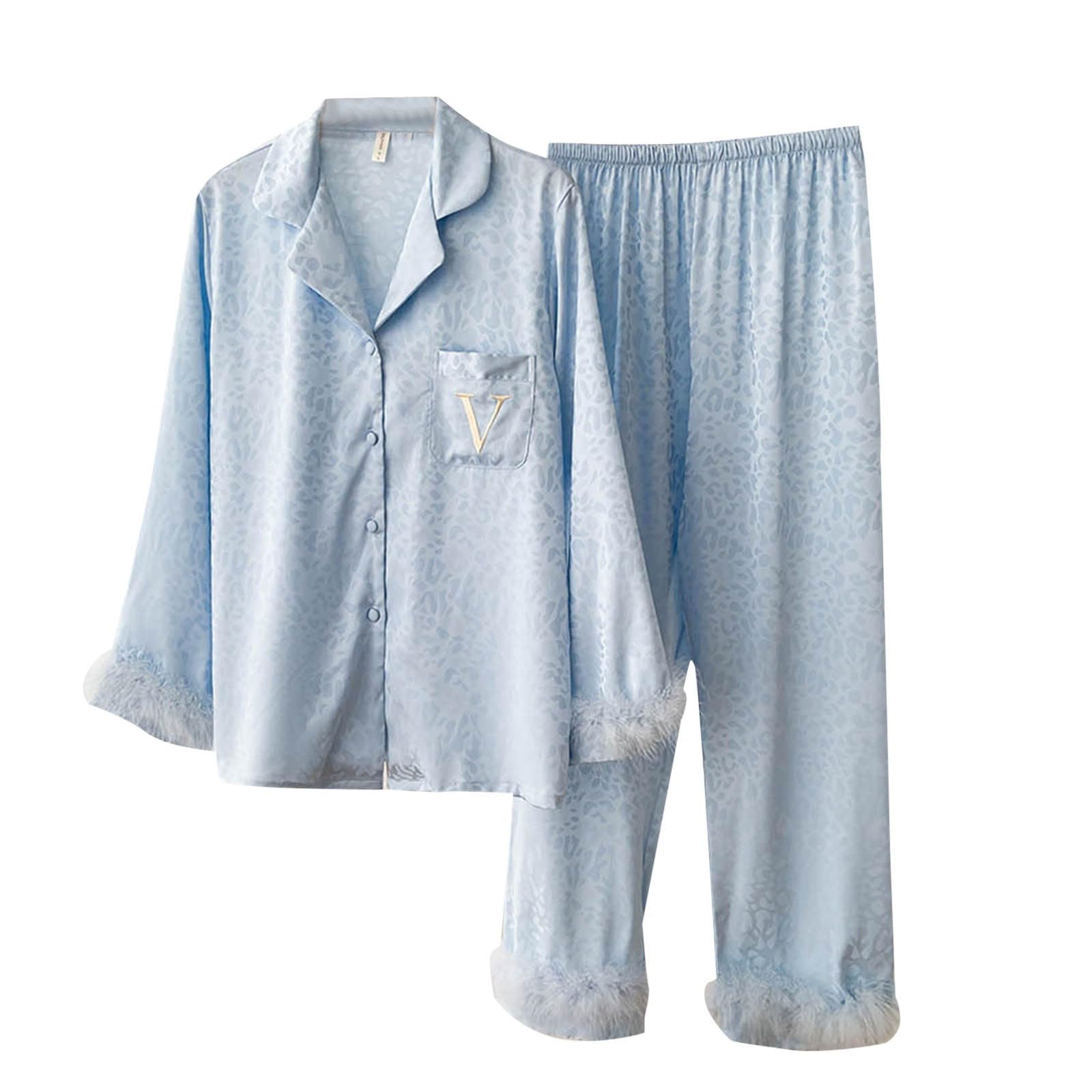 Pijamas para Mujer,de Seda de Hielo con Solapa y Botones de Manga Larga con Plumas Sexis para Mujer, Traje de Dos Piezas para el