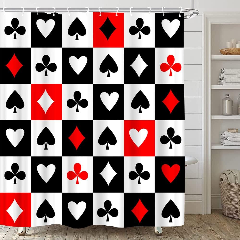 Red Black Grey Shower Curtain Poker Square Plaid Checkerboard Heart Geometric Figure Contemporary Retro Middle Ages Modern Abstract Design Playing Cards Spades Bathroom Decor Curtains with Hooks