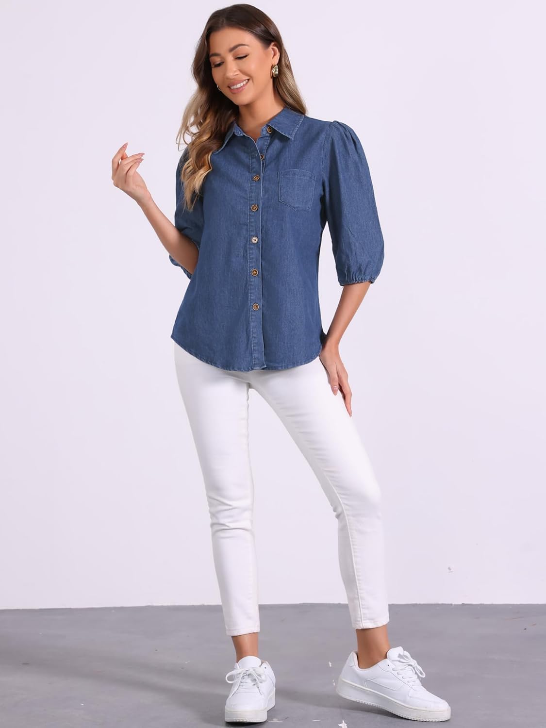 Allegra K Denim Shirt for Women's 3/4 Puff Sleeve Collar Button Down Jean Shirts - Image 3