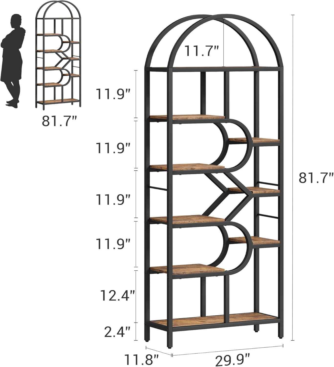 Regał z 6 poziomami łukowy design - 208 cm metal/MDF, 16 kg na podłogę - regulowane, otwarte półki do salonu/sypialni/biura (antypoślizgowy, łatwy montaż)