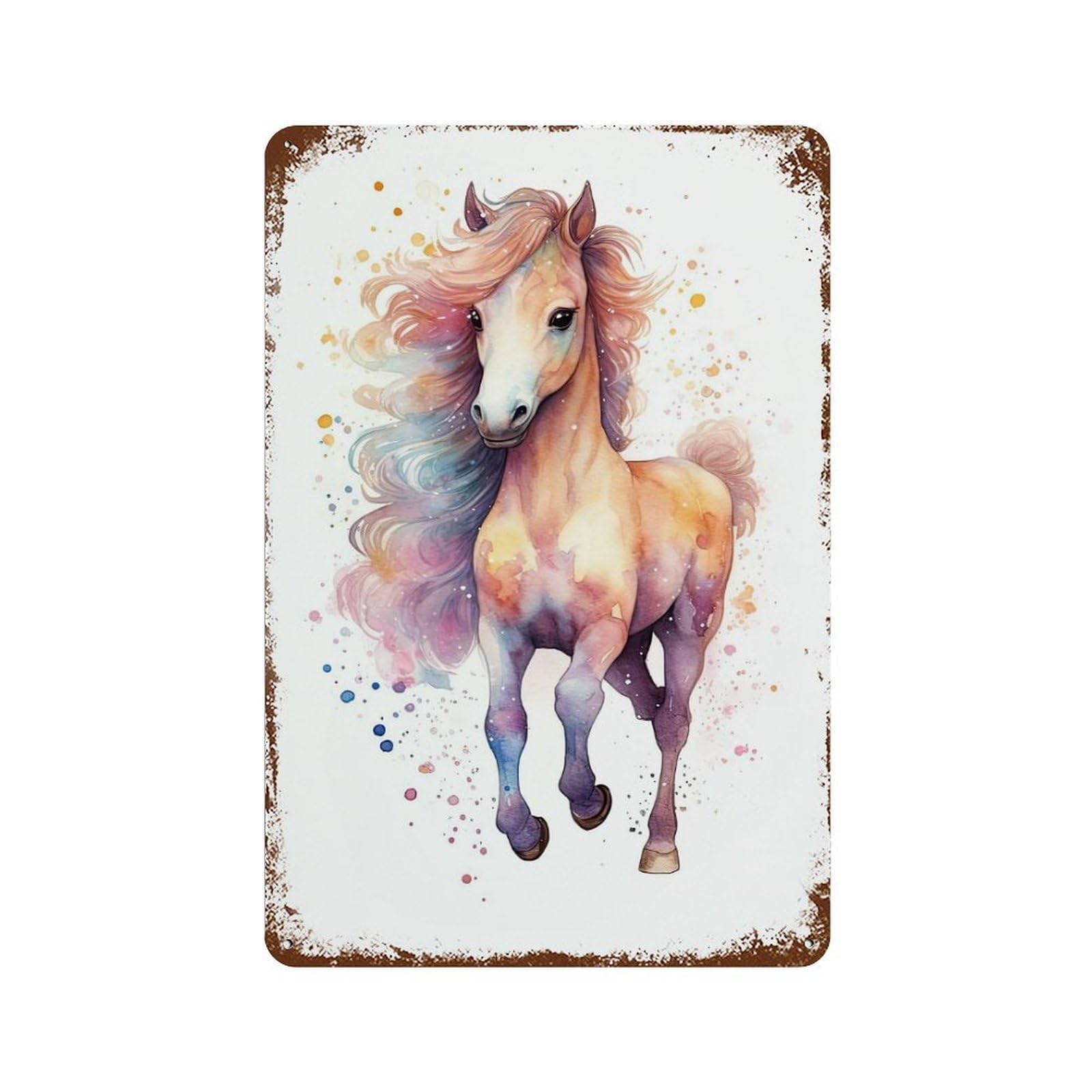 Rustic Tin Plaque Watercolor Baby Horse Pony 11.8"x7.9", Rustic Home Decor for Office, Studio And Wall Decor