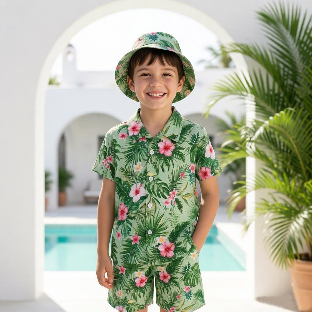 Boys Hawaiian Outfit 3Pcs Kids Summer Beach Clothes Shirt Shorts Hat