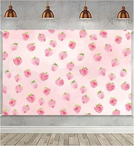 Miniatura 1 de MAQTT Pink Strawberry Backdrop for Girls Birthday Party Decoration Strawberry Photography Background Baby Shower Supplies Cake Table Decor Wall