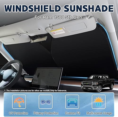 Miniatura 2 de Karltys Parasol para Dodge Ram 1500 2019-2023 2024, accesorios Ram 1500, parasol para parabrisas UPF50+, cubierta plegable para ventana delantera,