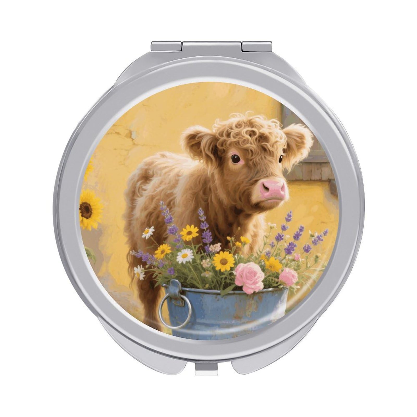 FodPand Compact Hand Mirror with 1x/2x Magnifying Round Travel Makeup Mirror Mini Foldable Farmhouse Cow Cosmetic Mirrors Travel Essentials Gift for Women Girl Portable for Pocket Purse -Silver