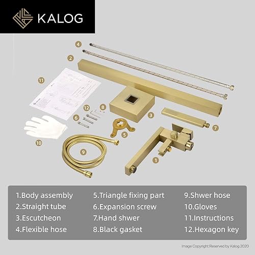 Miniatura 7 de Kalog Grifo de bañera independiente de una sola manija con ducha cuadrada de mano (dorado cepillado)