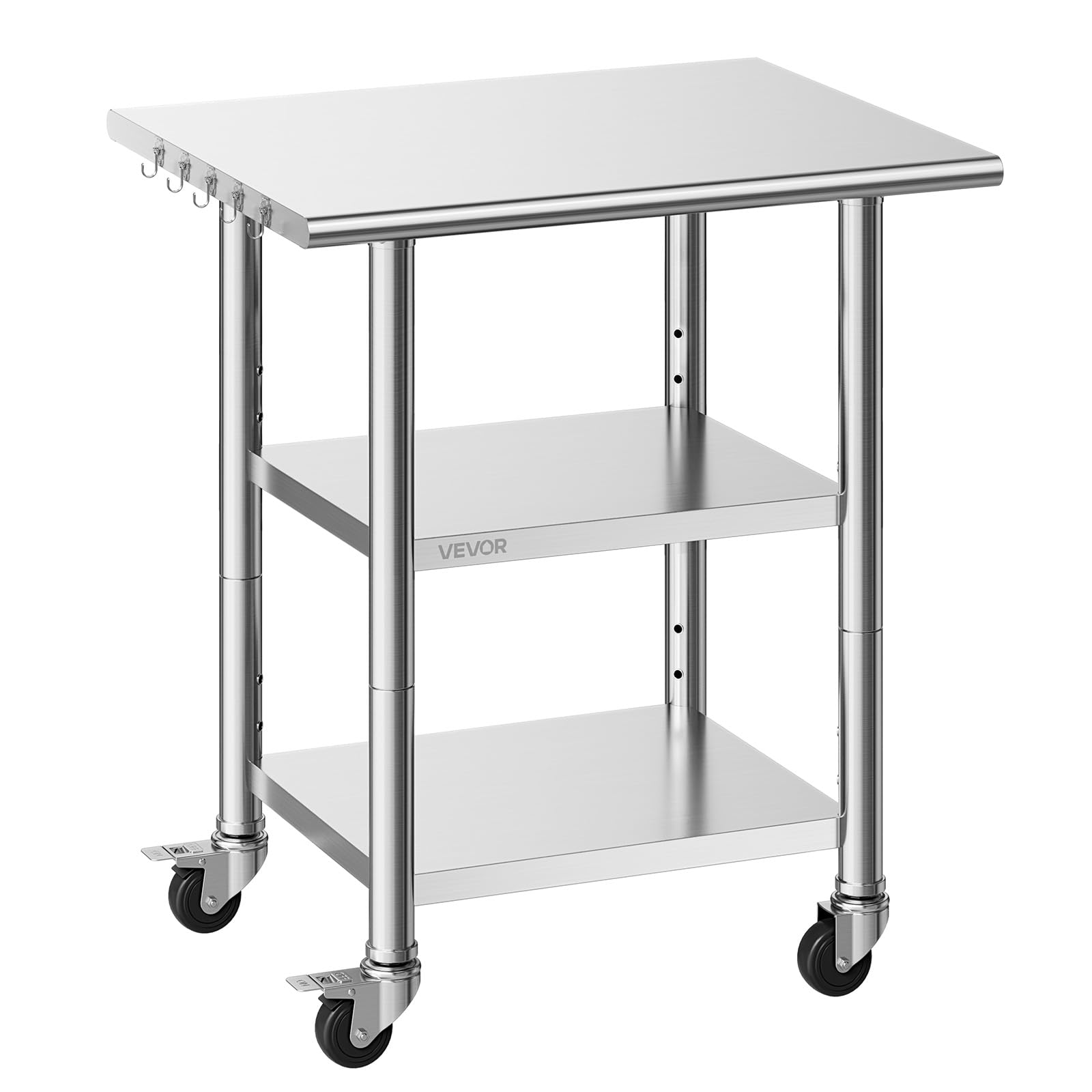 VEVOR Tavolo da Lavoro per Cucina 3 Ripiani, Tavolo per Ristorazione in Acciaio Inox con Ruote 3 Ripiani 762 x 610 x 864 mm Piano di Lavoro Carico max 227 kg, Preparazione Ristorante Hotel Catering