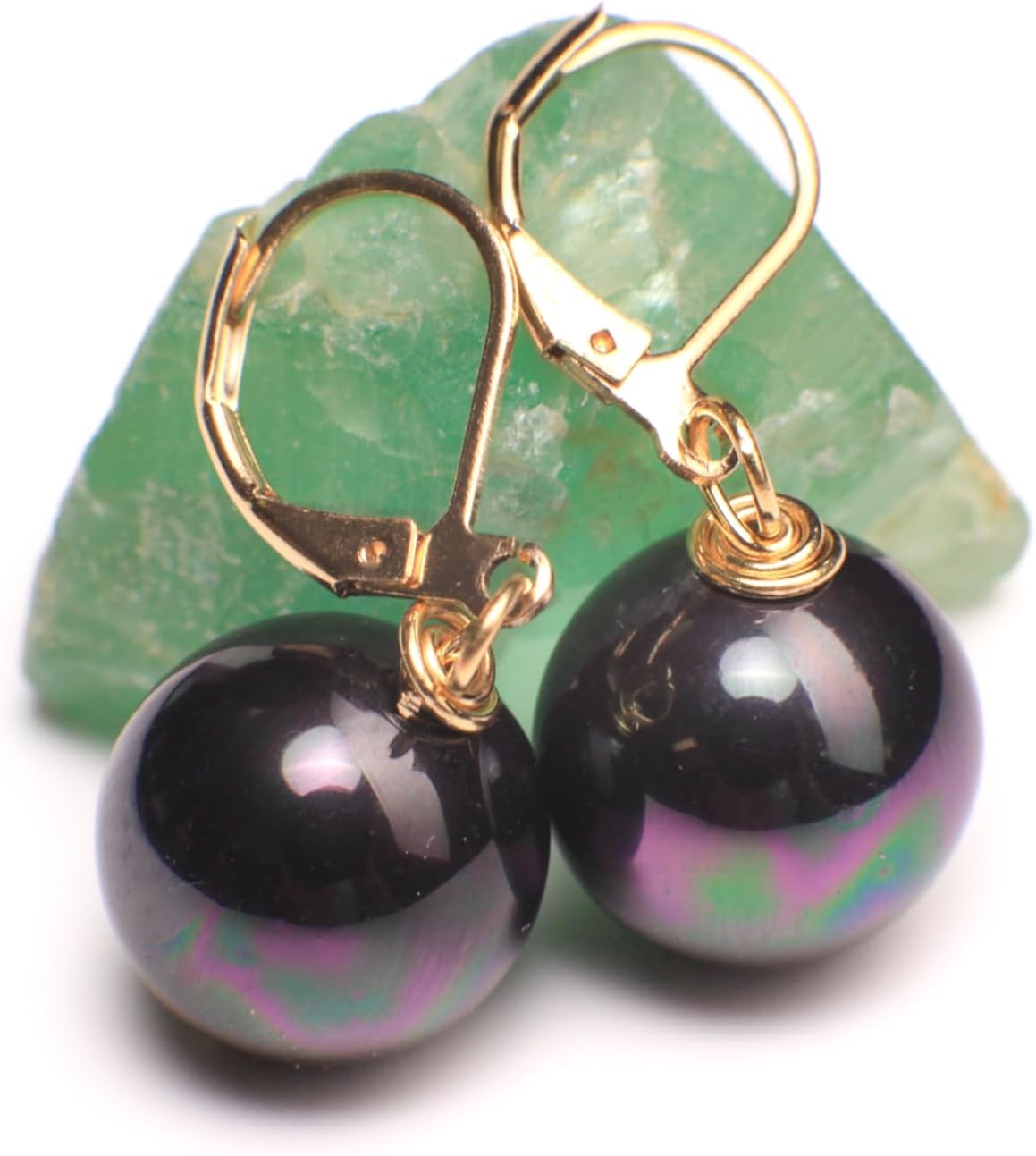 14mm South Sea Shell Pearl Large High Luster Rainbow Peacock Black AB in Gold Plated 0r 18K Gold Vermeil Earrings