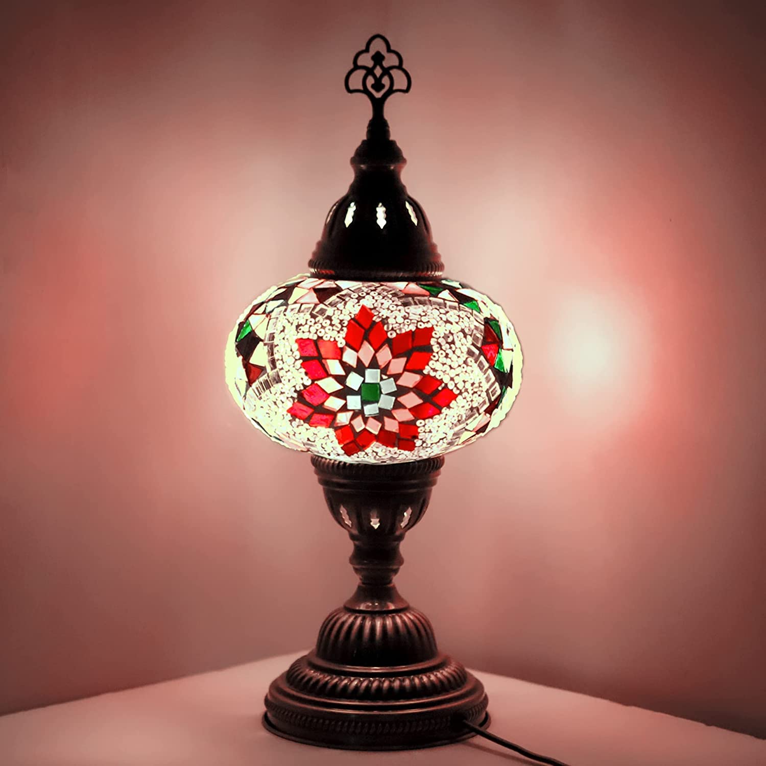 ENVA Turkish Moroccan Style Mosaic Multicoloured Desk Table Lamp, Bronze Base, Unique Light Large Globe (3007)