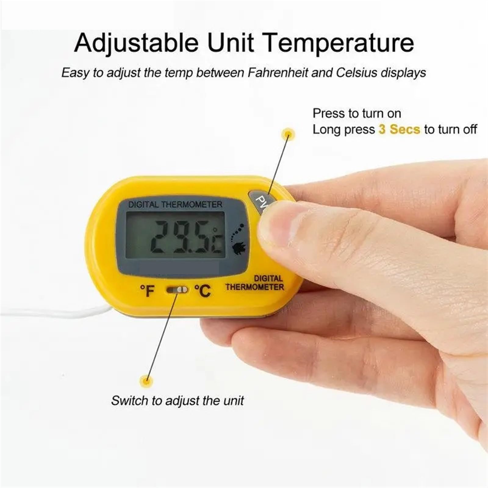 Cyfrowy termometr do akwarium LCD, wodoszczelny czujnik akwariowy z sondą, czujnikiem temperatury, narzędzie pomiarowe z przyssawką (kolor: żółty)