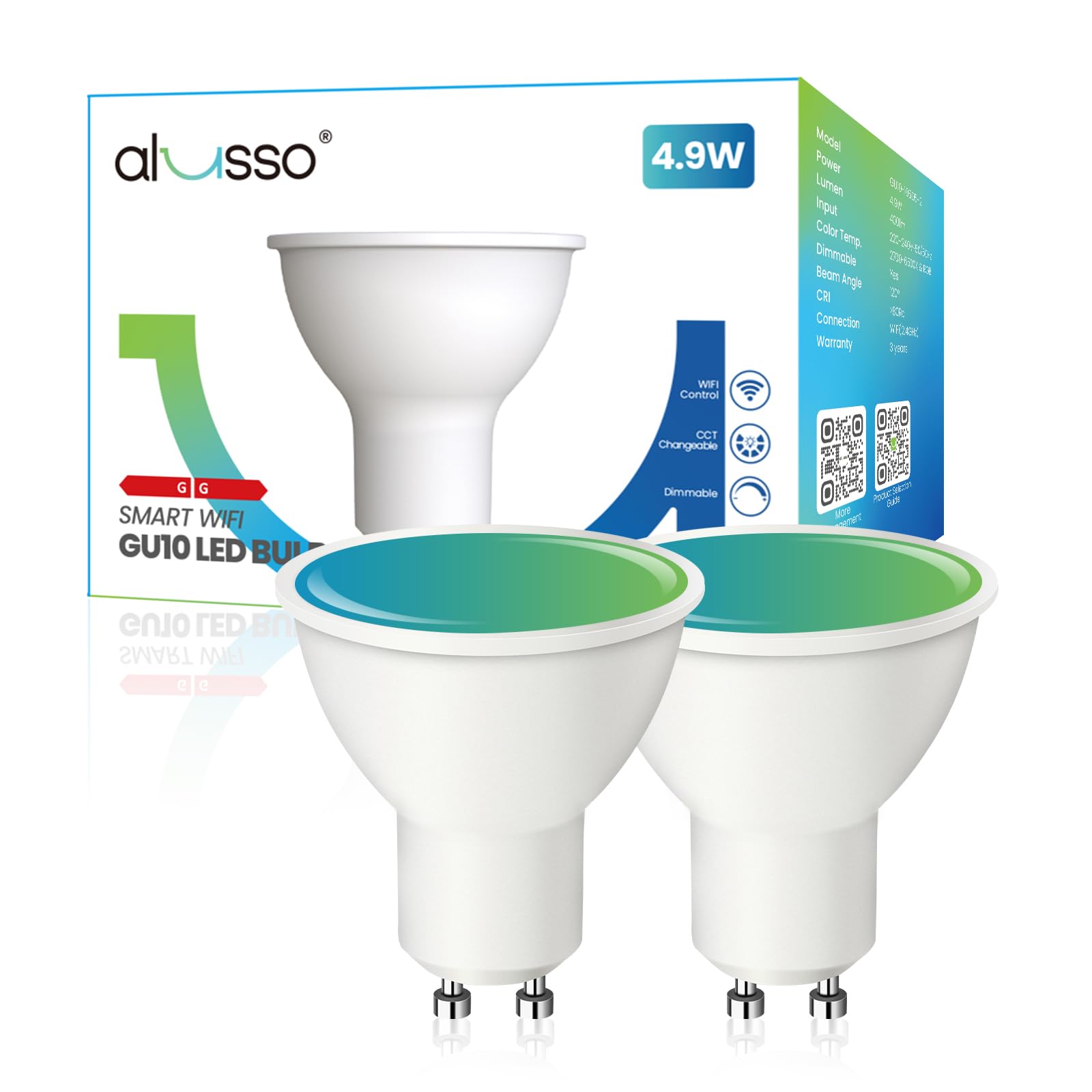 ALUSSO Smart Glühbirne GU10, WLAN LED Lampe RGB und Warmweiß-Kaltweiß dimmbare mit 16 Millionen DIY-Farben,4.9W 400LM Sprachsteuerung Funktionieren mit Alexa, Google Assistant, 2 Stück