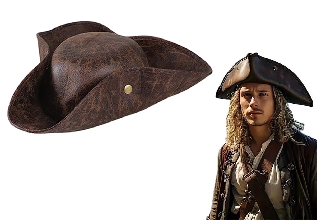 Adult Pirate Hat Brown Distressed Leather Colonial Style Tricorn Hat Black Novelty Cap Medieval Pirate Accessory Fancy Dress for Women Men Halloween Festival Theme Party Cosplay Caps Headwear Props