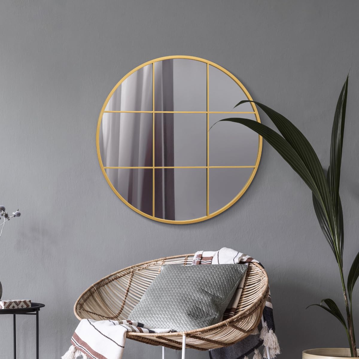 MirrorOutlet The Circulus - Solid Gold Metal Framed Window Modern Round Circular Wall Mirror 31" X 31" (80CM X 80CM) Silver Mirror Glass with Black All weather Backing.