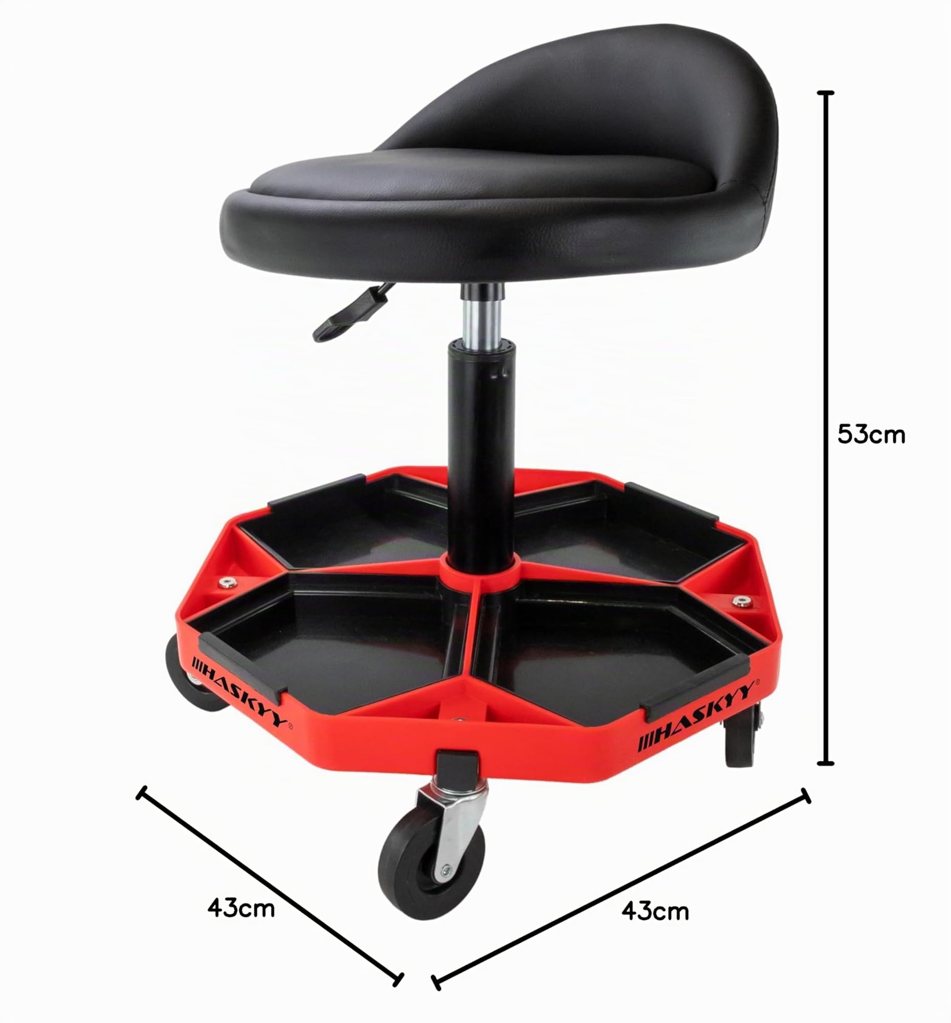 HASKYY Taburete de Taller con Respaldo, Altura Regulable de 43 a 58 cm, Taburete Giratorio para con Ruedas de 360 °, hasta 150 kg, Asiento de Taller con Compartimentos de Almacenamiento