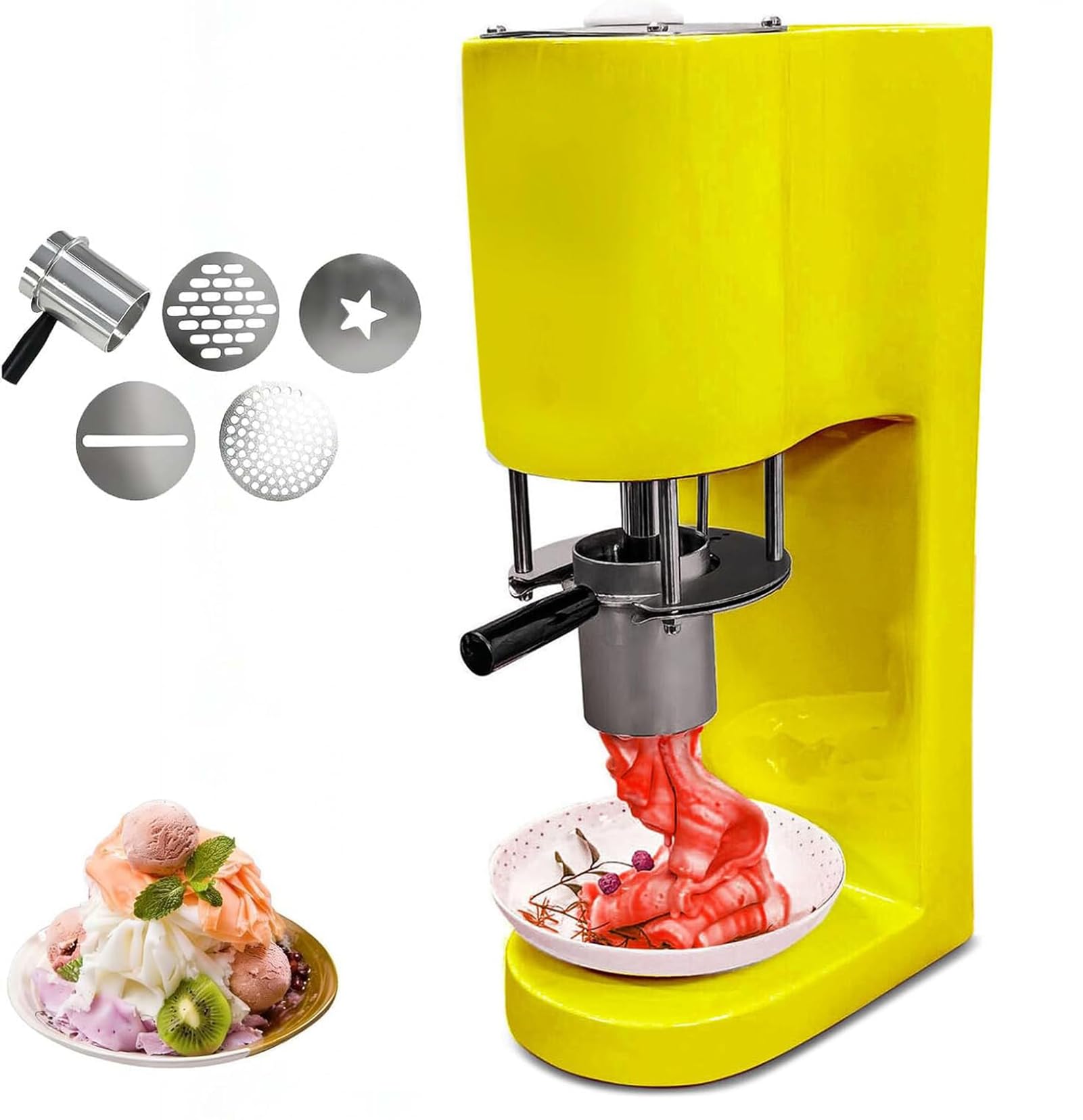 GZGHRZQS Spaghetti Ice Cream Press Machine, Multi-Shape Press Machine 4 Interchangeable Molds, Space Saving Design, One-Touch Start, East Clean, Soft Serve Dessert Machine for Shops, Catering