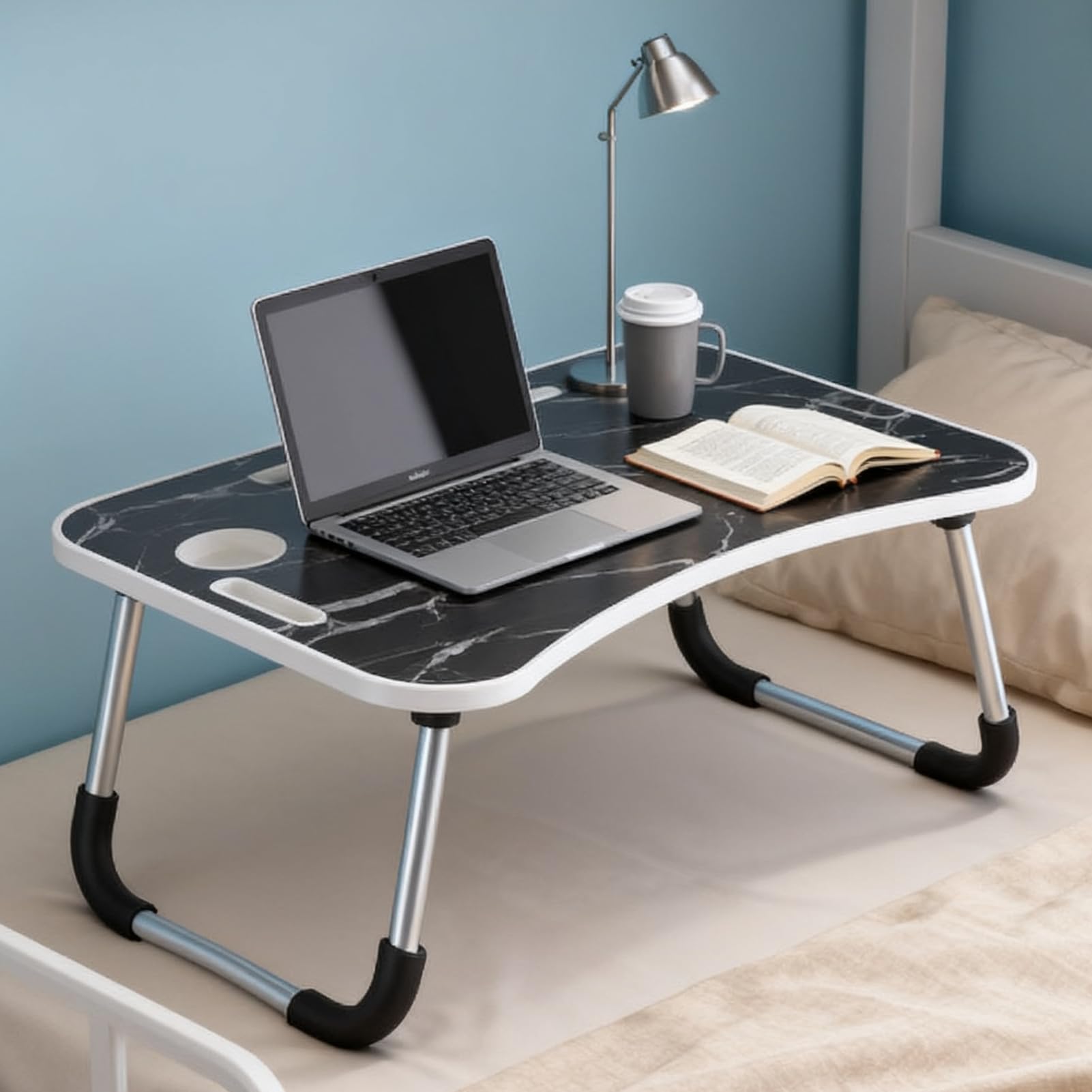 GREENSAPPIRE Laptop Bed Table with Foldable Legs - Height Adjustable Bed Tray with Cup Holder & Phone Slot, Portable Notebook Stand for Sofa Bed Floor Use (Black Marble)