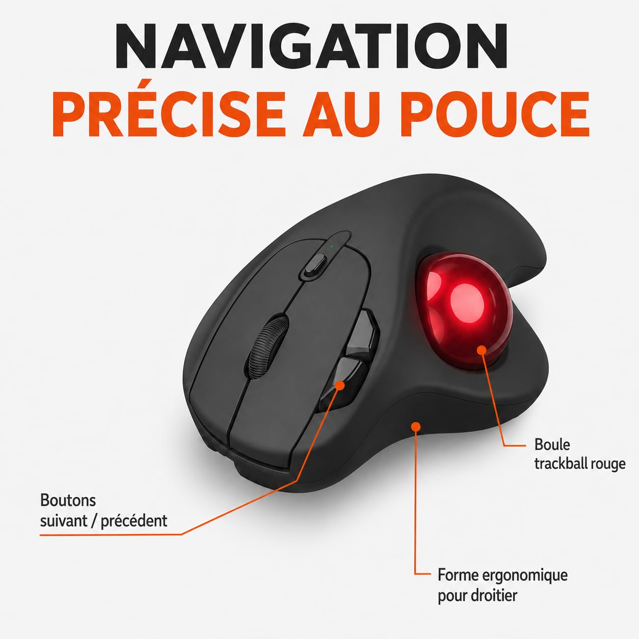 Mobility Lab Souris Trackball Ergonomique sans Fil - Confort Maximal, Réduit Fatigue - Double Connexion USB/USB-C, Boutons Rapides - Compatible PC, Mac, Gaming, Bureautique