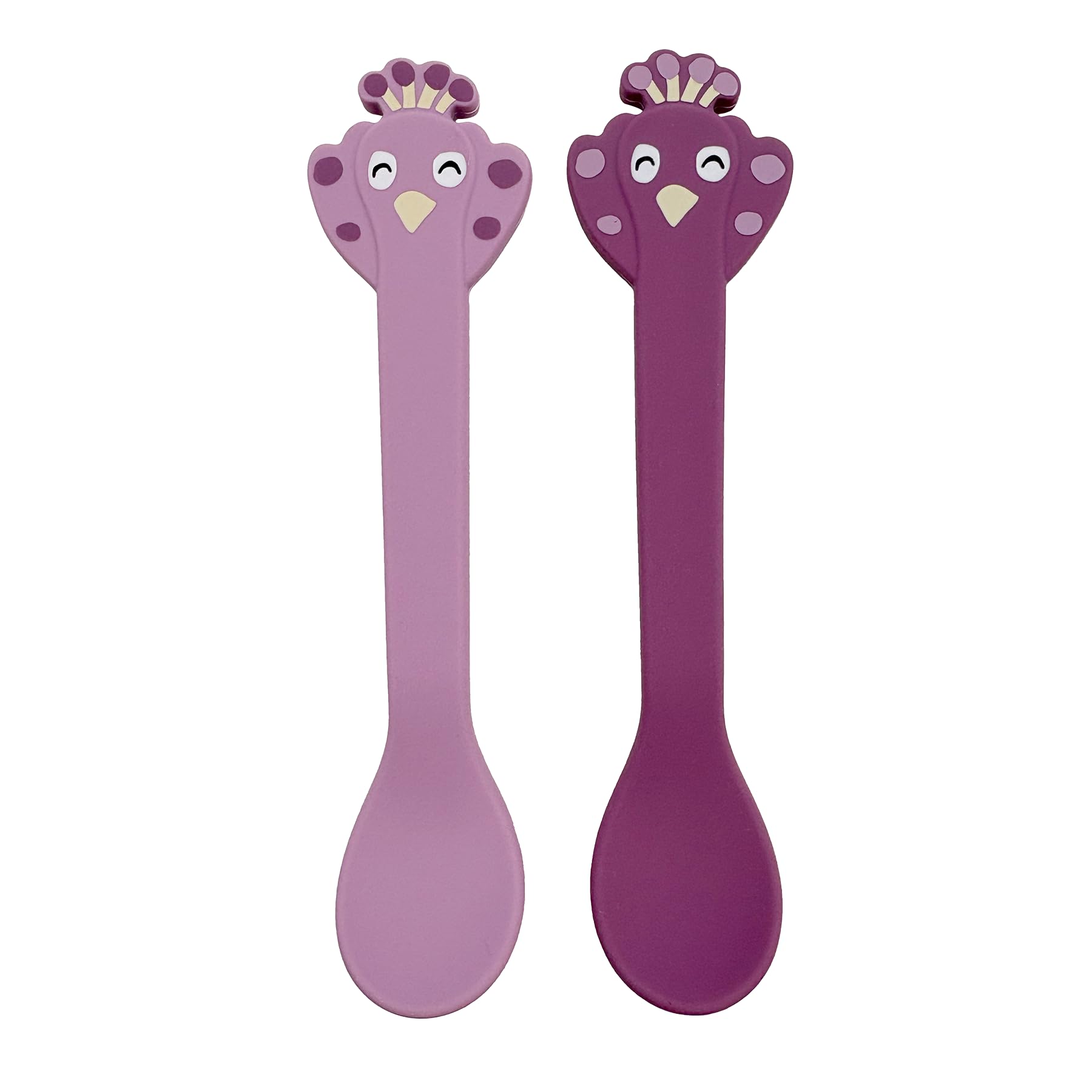 Trixie Colourful Silicone Spoons with Faces for Children, Set of 2, Stainless Steel Core, Dishwasher Safe, for Babies from 4 Months, 14x3x2 cm, Learning to Eat and Develop Motor Skills (Mrs Peacock)