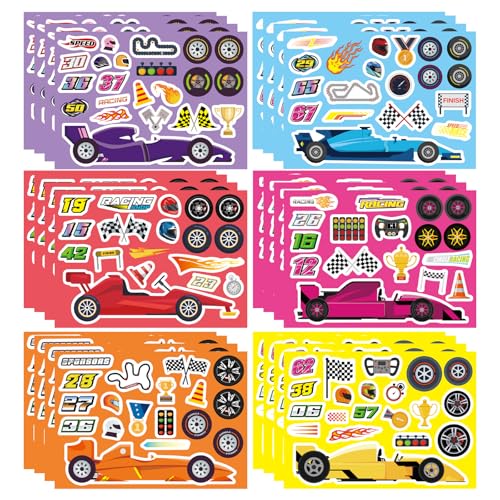 24 Sheets Make Your Own Race Car Stickers, Sporty Racing Car Stickers for Kids, Racing Gifts Party Favors Supplies, Classroom Teacher Reward Educational Toy Art Craft