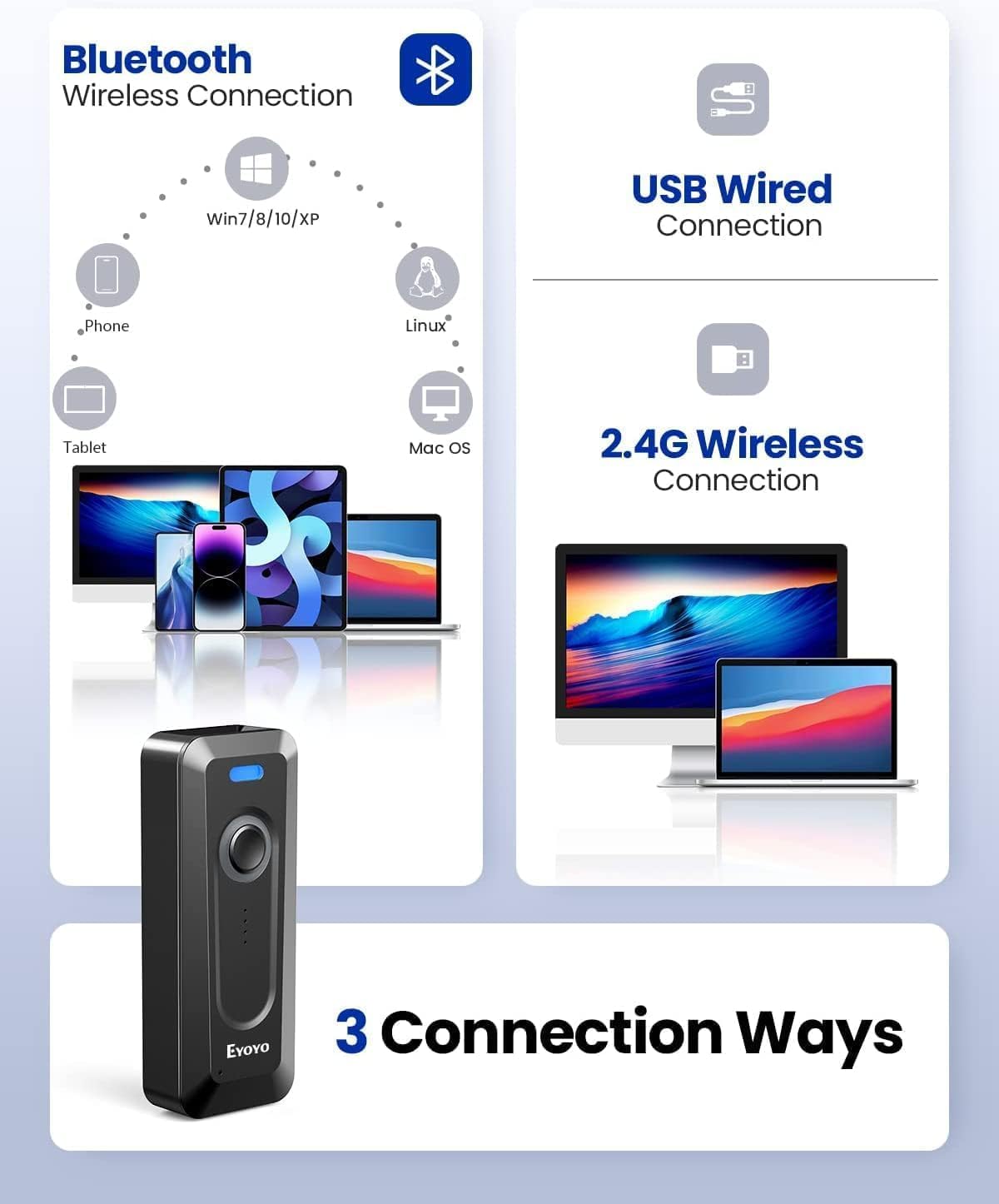 Eyoyo Bluetooth 2D Barcode Scanner Wireless with Clip, 2000mAh Battery with Level Indicator, Portable Mini QR Bar Code Reader for Library Book Inventory Compatible with Android Phone, iPad, iPhone