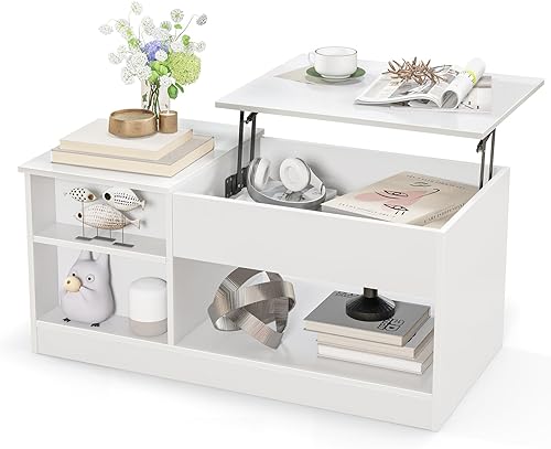 Giantex Mesa de centro elevable, mesa central moderna con compartimentos abiertos y ocultos, gabinete de puerta, resorte de gas silencioso, mesa