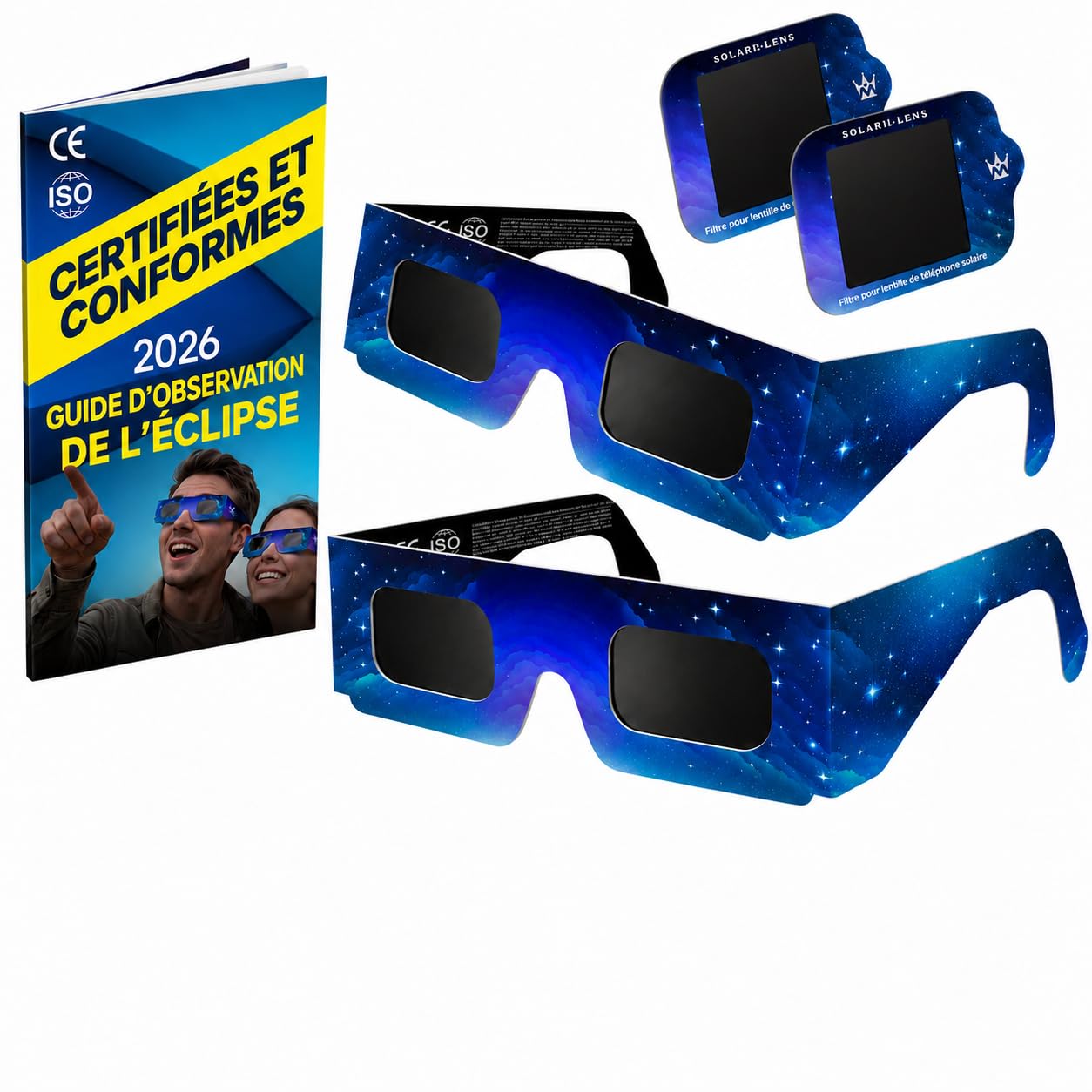 Lunettes Eclipse Solaire 2026 – Lot de 2 Paires Premium avec 2 Filtres Solaires pour Smartphone Lunettes Eclipse Solaire ISO 12312-2 Certifiées CE Protection des Yeux pour l'Observation du Soleil