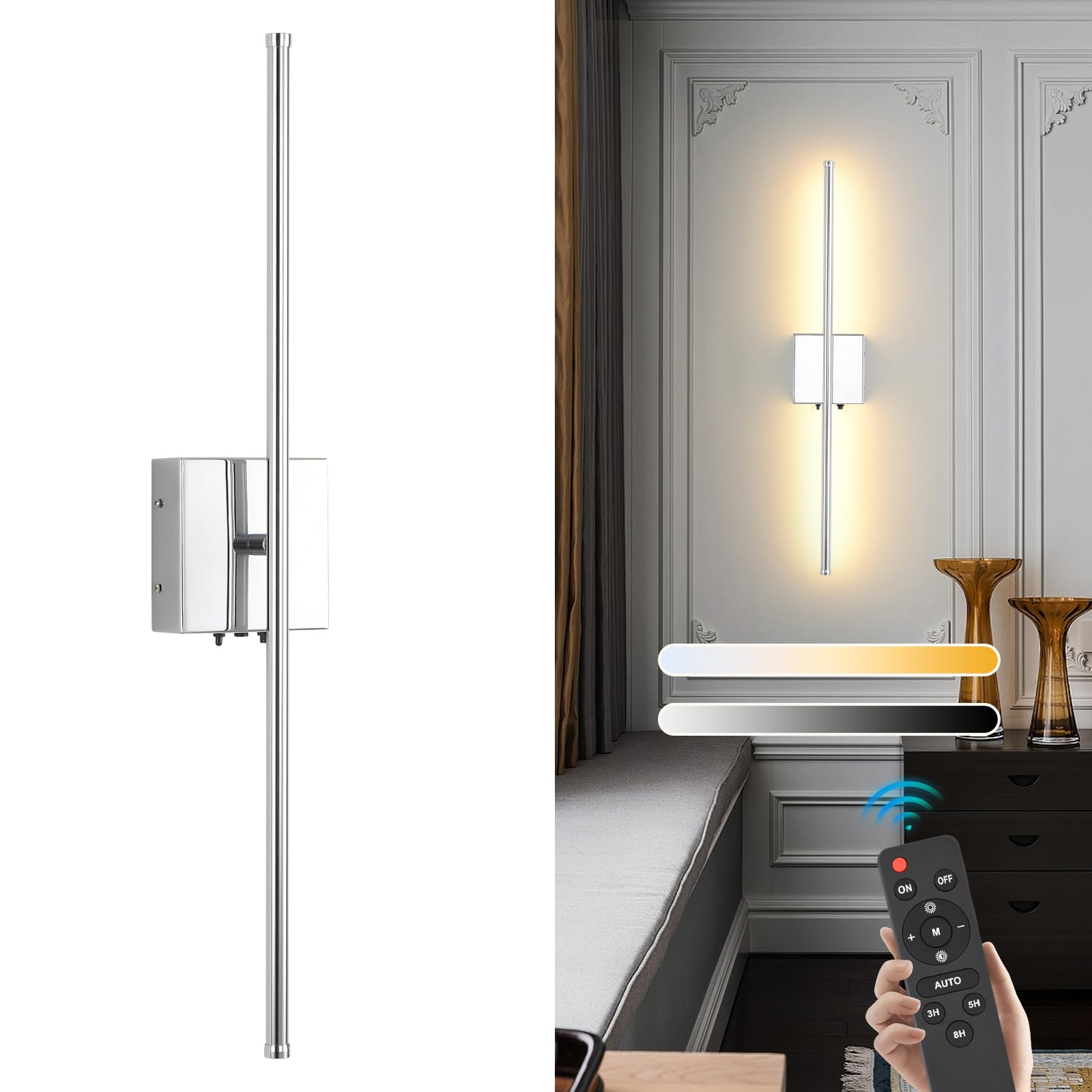 LED Wireless Battery Operated Wall Sconces, 11000mAh Rechargeable Chrome Wall Lights with Remote Control, 350°Rotate Dimmable Wall Lamp, 3 Color Temperatures, for Bedroom Living Room Hallway, 1 PCS