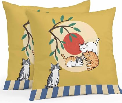 Yellow Cat Cartoon Outdoor Pillow Covers Waterproof, All Weather Cushion Case Set of 2, Summer Botanical Sun Modern Art Decorative Pillowcases for Sofa Couch Bed Decor Patio Furniture 18"x18"
