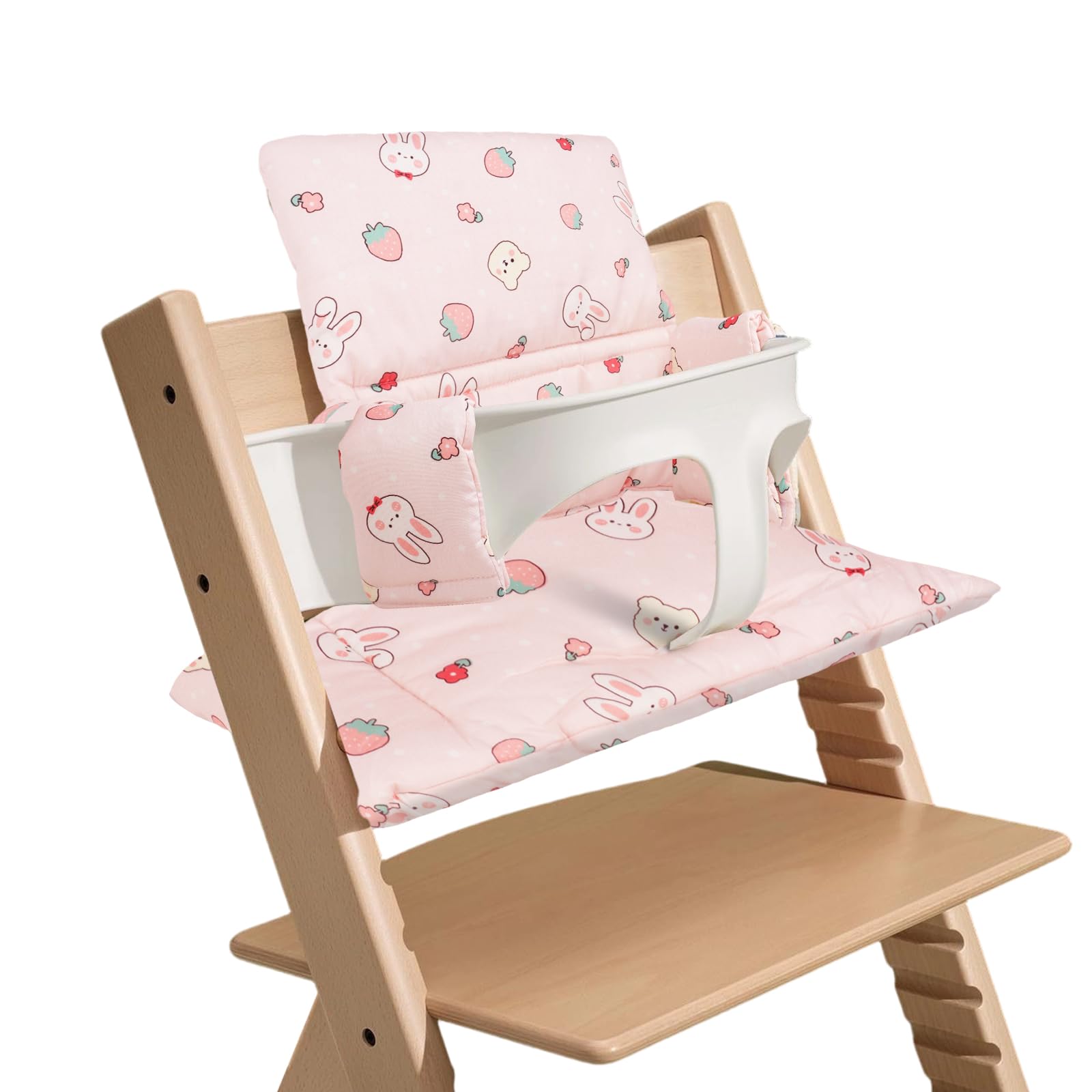 Cuscino per Seggiolone Stokke Tripp Trapp, Imbottitura Spessa in Cotone Naturale, Tessuto Impermeabile e Traspirante, Grazioso Motivo Lapino e Fragole, Confezionato Sottovuoto