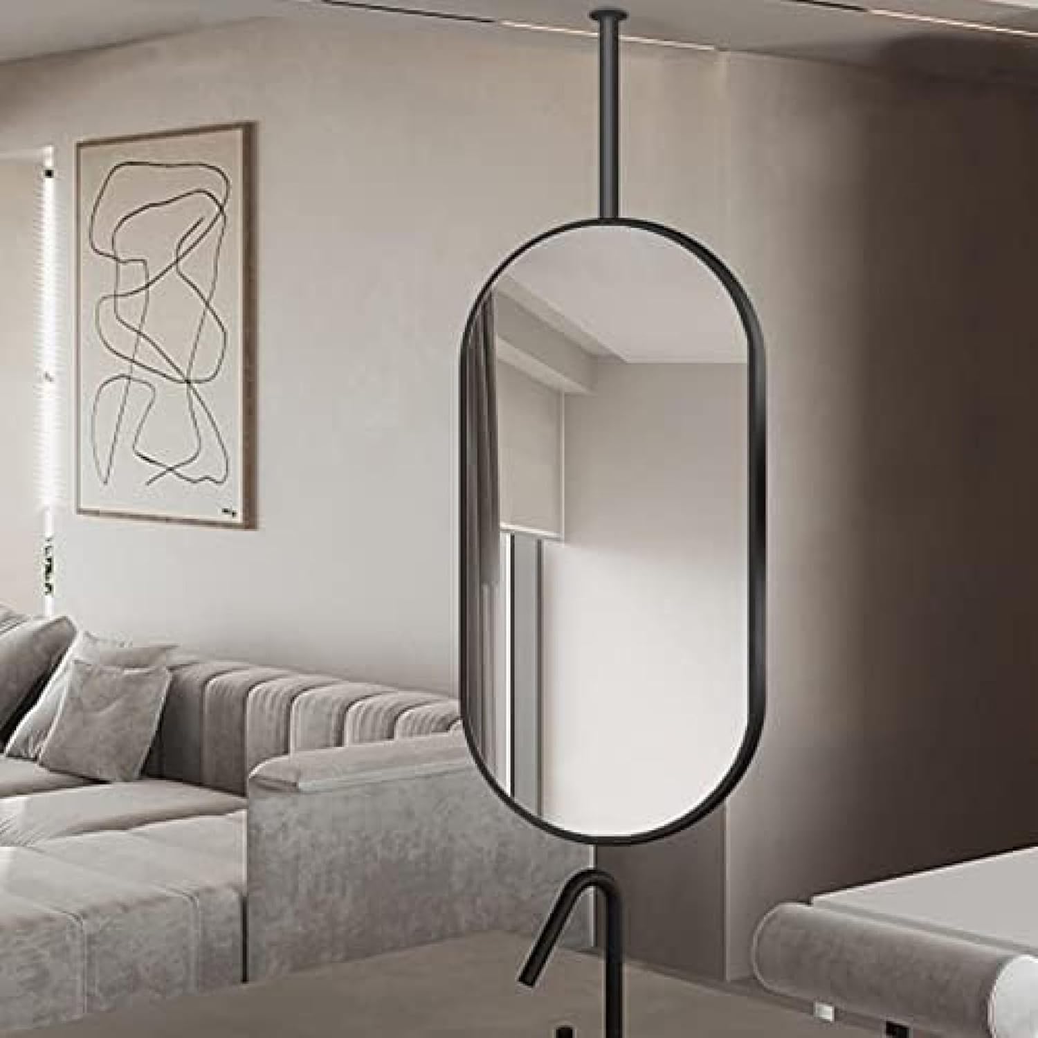 Specchio ovale da soffitto con cornice in metallo nero per bagno o decorazione d'ingresso