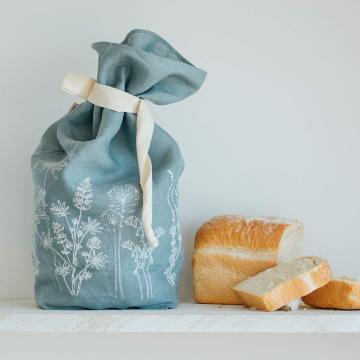 Sac à Pain En Lin Bleu Canard Imprimé à La Main Avec Fleurs