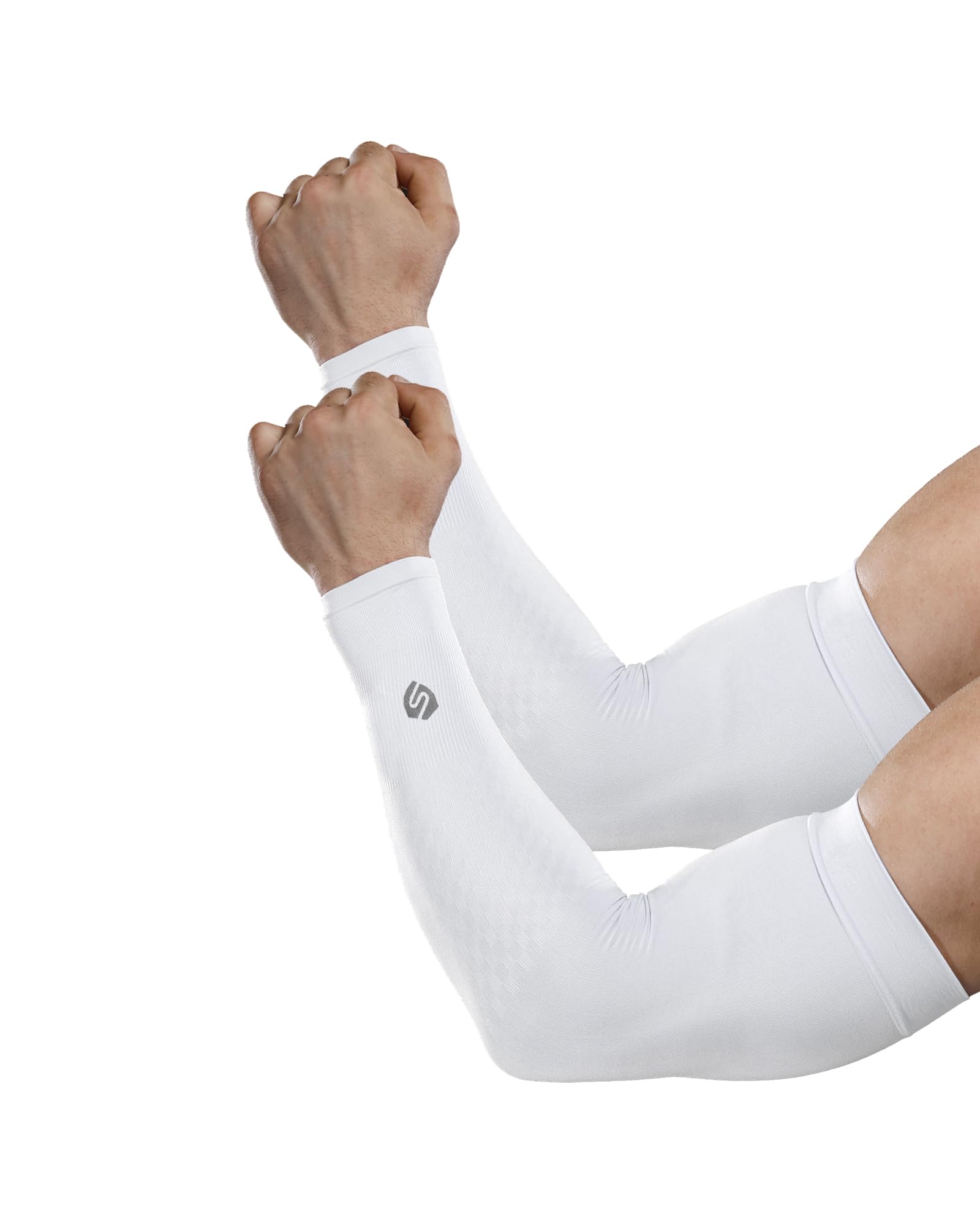 Shinymod Unisex A Pair White Compression Sleeves Arm Warmers Uv Sun Protection Men Women Cooling Sleeves To Cover Arms For Cycling, Driving, Golf, Hiking