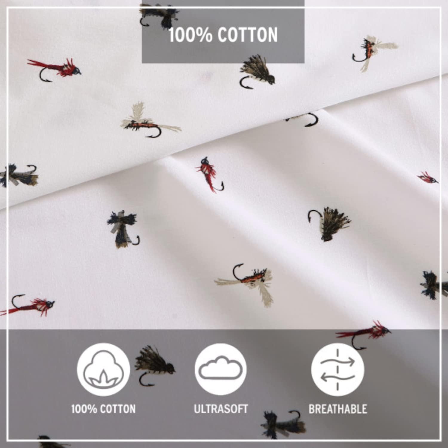 Eddie Bauer Home Sheets Cotton Percale Bedding Set, Crisp & Cool, Stylish Home Decor, 3 pcs, Twin, Fishing Flies White/Multi