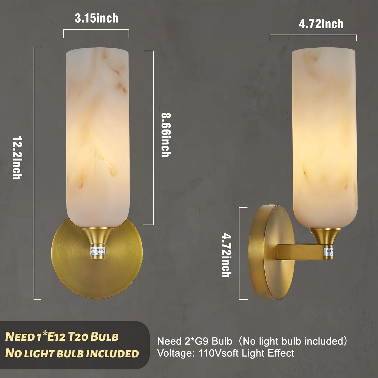 Alabaster Wall Sconces, 12in Vintage Spanish Brass Gold Vanity Light, Dimmable Hardwired Upward Sconce Lighting for Bathroom Mirror Hallway Living Room, Luxury Handcrafted Art Deco Wall Lamp Fixture