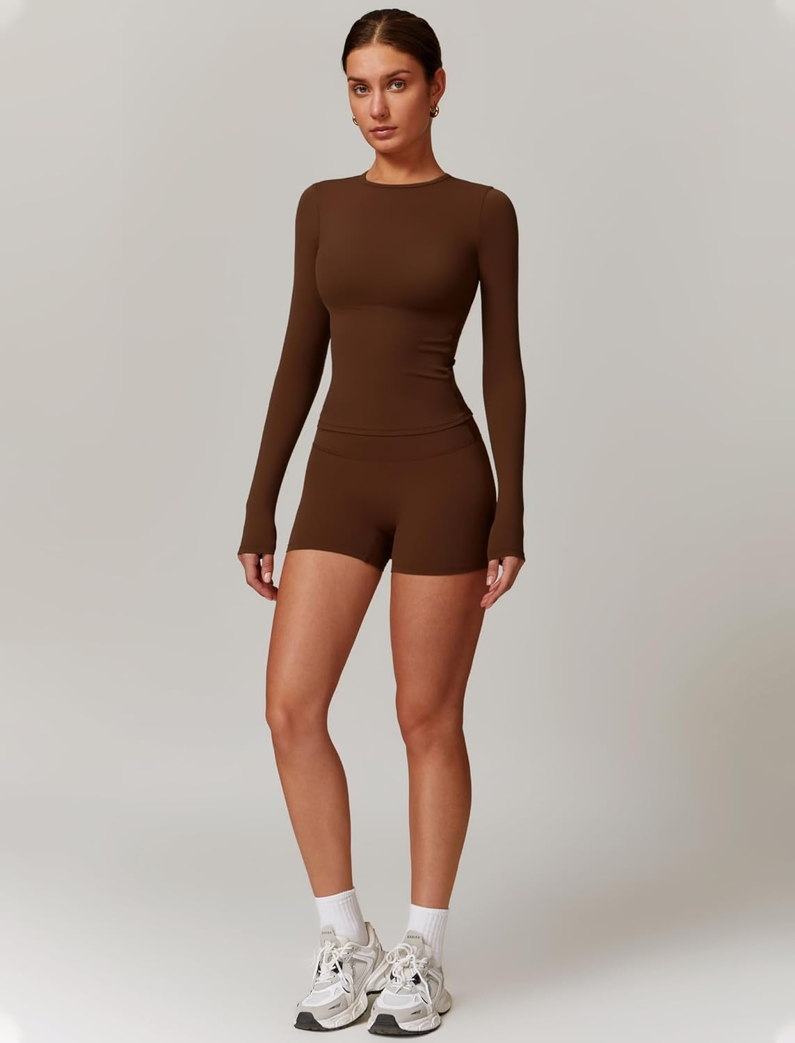 Womens Workout Sets Two Piece Long Sleeve Top Matching High Waist Shorts Sets Fall Winter Gym Work Out Clothes - Image 6