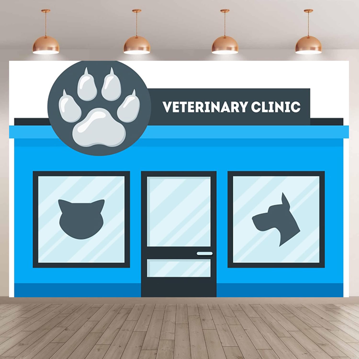 6x4ft pet clinic backdrop dog cat veterinary shop photography background blue house door window pets animals treat clinic wallpaper photo booth props