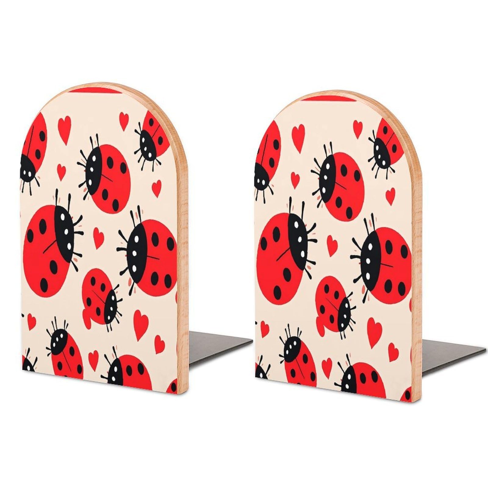 Ladybug Bookend Non-Skid Wooden Bookends for Shelves Heavy Duty Wood Book Ends Decorative Book Stopper Book Stand Non-Slip Book Organizer for Home Office Library